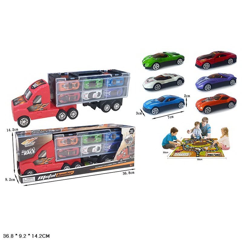 Трейлер автовоз LA-521 з металевими машинками (6шт.) коробка 36,8*9,2*14,2 см