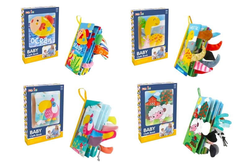 Книга м`яка 01-4/-4/-4/-4 (2099038/40/42/43) 4 види, тактильна, м`які хвости тварин, в коробці 16*3
