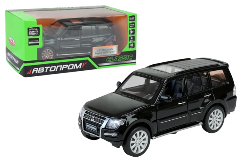 Машина АВТОПРОМ 68463B "Mitsubishi Pajero 4WD Turbo", 1:33 на батарейках, світло, звук, відкриваються двері, багажник, капот коробка р.18x9x8 см