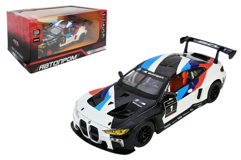 Машина металева 68282A(W) 1:24 BMW M4 GT3, на  батарейки, світло, звук, відкриваються двері, коробка 24,5x12 см АВТОПРОМ