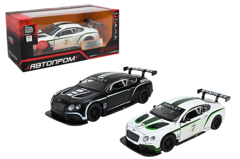 Машина металева 68353 2 кольори 1:32 Bentley Continental GT3, на батарейки, світло, звук, відкриваються двері, коробка 18x9x8 см АВТОПРОМ