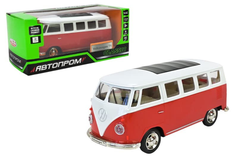 Машина металева 68356 1:30 Volkswagen T1, на батарейки, світло, звук, відкриваються двері, коробка 18x9x8 см АВТОПРОМ