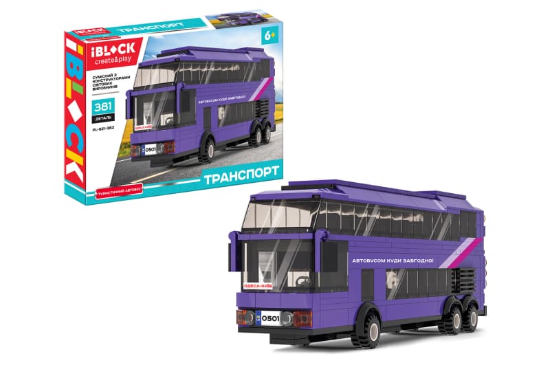 Конструктор PL-921-382 ТРАНСПОРТ Туристичний автобус 381 деталь, інструкція та наліпки,в коробці 37,5x25,5x6смIBLOCK