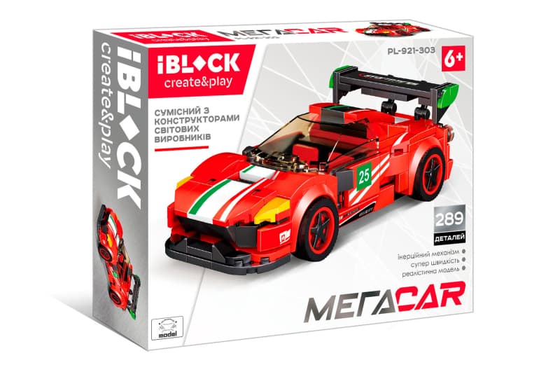 Конструктор IBLOCK PL-921-303 машина 289 деталі, інерційний механізм, регулювання спойлер, відкривається капот, інструкція на українській мові, коробка 28*21*5 см