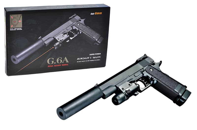 Страйкбольний пістолет G.6A Colt M1911 Hi-Capa з глушником та прицілом метал, чорний, коробка 59x20x61см Galaxy