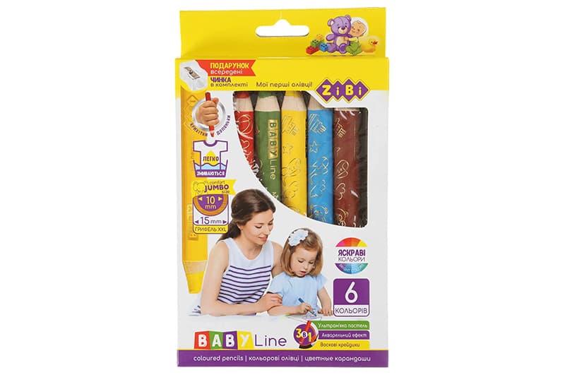 Олівці кольорові ZiBi "3 в 1" SUPER JUMBO з чинкою, 6 кол., BABY Line