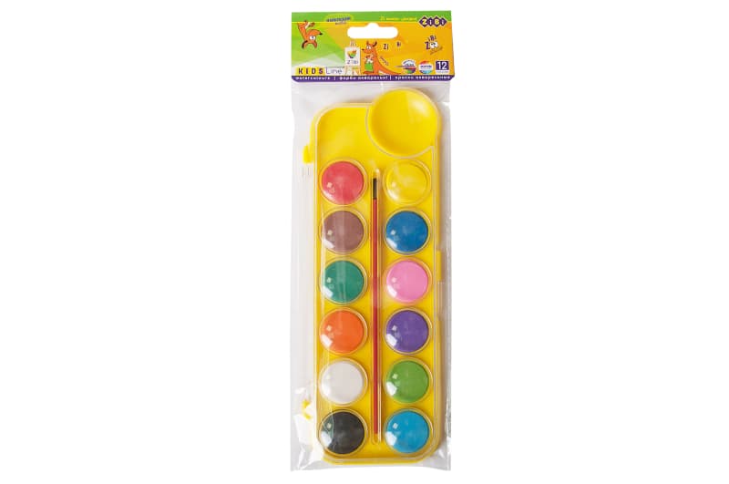 Акварель Zibi 12 кольорів, пласт./кор., з пензлем, жовтий, KIDSLine ZB.6559-08