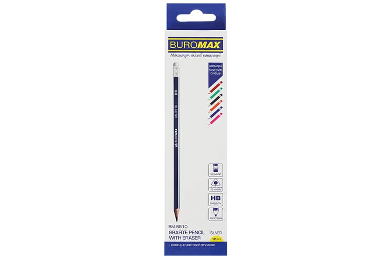 Олівець графітовий BUROMAX NEON LINE НВ з гумкою асорті 12 шт