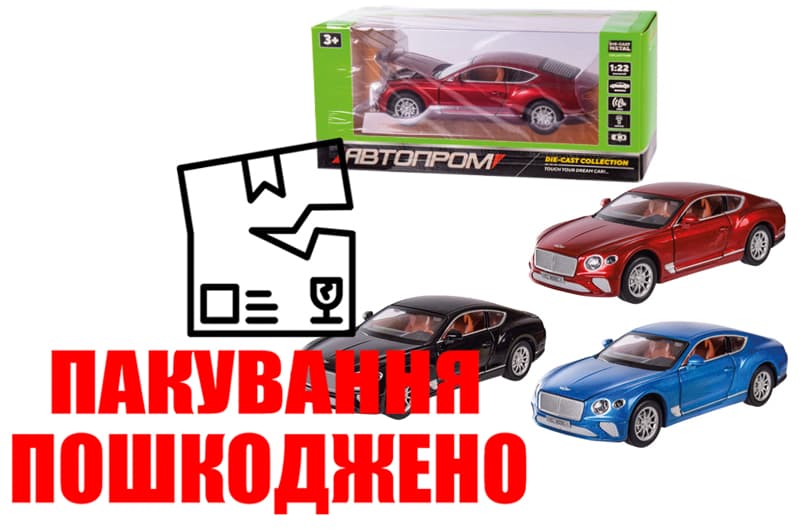 OUTLET  Машина метал 7571  АВТОПРОМ 1:22, 3 кольори, батарейка,світло, звук, двері відкриваються, в коробці 29x15x14,5см