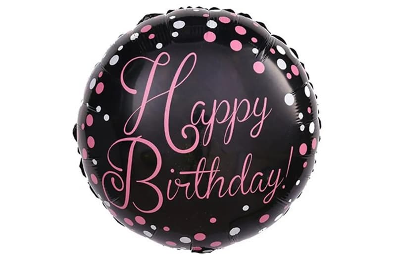 Фольгована кулька круг "Happy Birthday рожеві крапочки" чорна 18"(45см) 1шт.