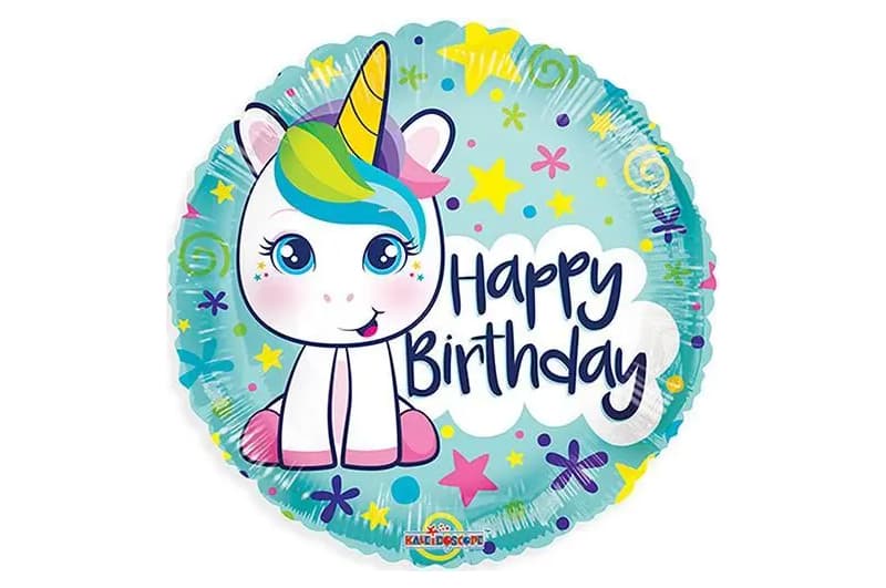 Фольгована кулька 01405 круг "Happy Birthday єдиноріг", бірюзова 18"(45см) 1шт.