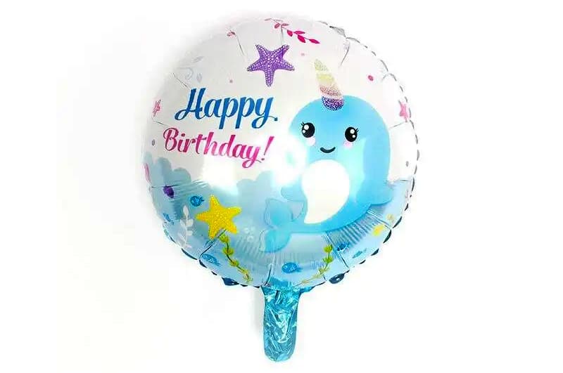 Фольгована кулька круг 01442 "Happy Birthday нарвал" блакитна 18"(45см) 1шт.