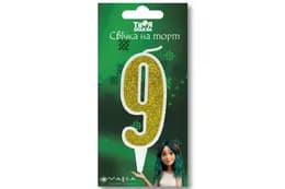 Свічка-цифра "9"21384 "Мавка. Лісова" біла золотий блиск в зеленій упаковці "Твоя Забава" (9 см.) 1шт