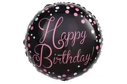 Фольгована кулька круг "Happy Birthday рожеві крапочки" чорна 18"(45см) 1шт.