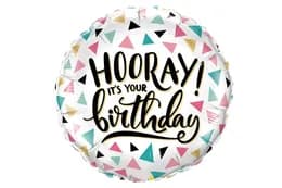 Фольгована кулька круг 01527 "З днем Народження, Hooray" біла 18"(45см) 1шт.