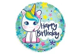 Фольгована кулька 01405 круг "Happy Birthday єдиноріг", бірюзова 18"(45см) 1шт.
