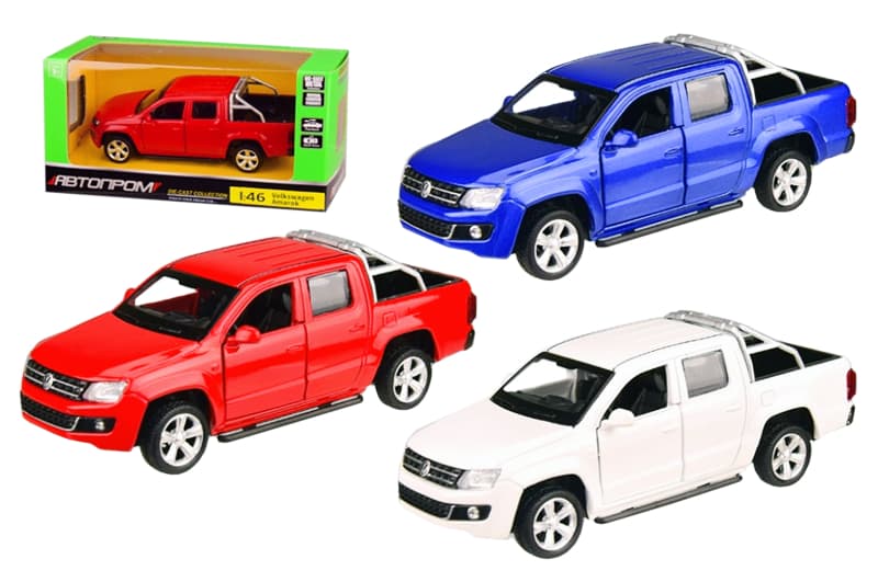 Машина металева 4310 1:46 Volkswagen Amarok, 2 кольори, відкриваються двері, в коробці 14,5x6,5x7 см АВТОПРОМ