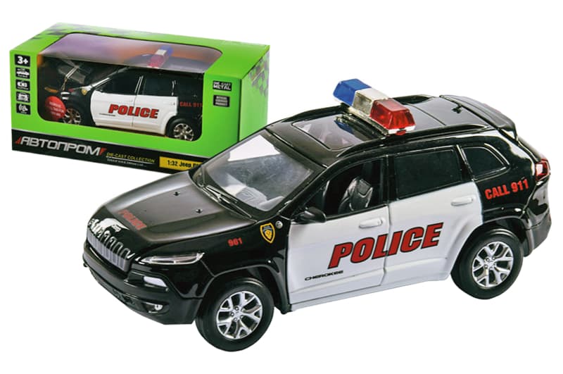 Машина металева АВТОПРОМ 68425, 1:32 Jeep Cherokee-Police, на батарейки, світло, звук, відкриваються двері, коробка 18*9*9 см