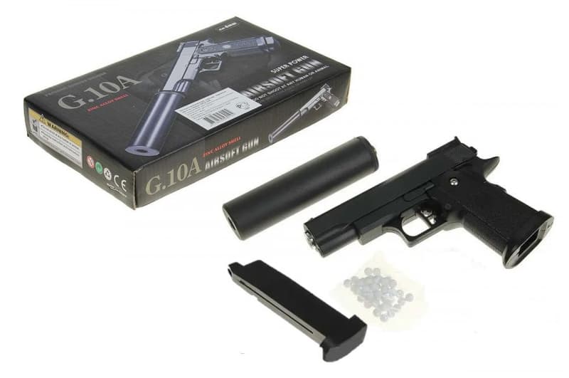 Пістолет на кульках Galaxy G.10А страйкбольний COLT1911PD чорний, металевий, з глушником