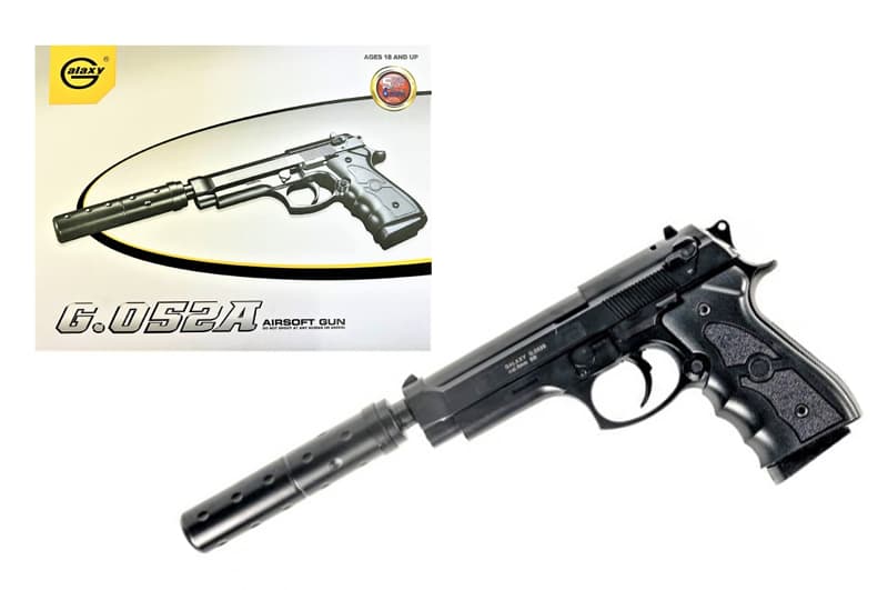 Пістолет пластиковий, страйкбольний Galaxy Beretta 92 з глушником, на кульках, в коробці G052A