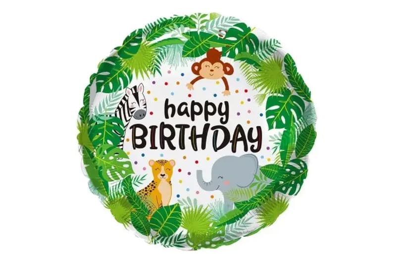 Фольгована кулька круг "Happy Birthday тваринки" зелена 18"(45см) 1шт.